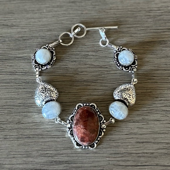 1058 Red Aventurine Rainbow Moonstone Bracelet Silver Statement Jewelry - Picture 4 of 10